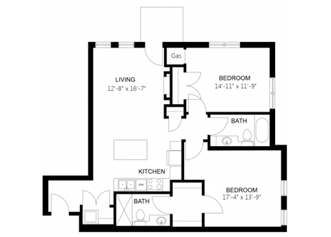 Floor plan for 2 beds, 2 baths, 1058 sqft