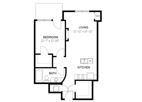 Floor plan for 1 bed, 1 bath, 668 sqft