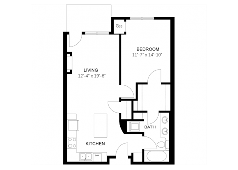 Floor plan for 1 bed, 1 bath, 747 sqft