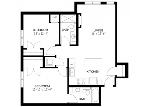 Floor plan for 2 beds, 2 baths, 999 sqft