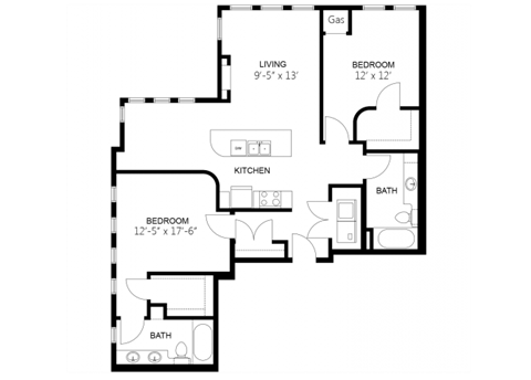 Floor plan for 2 beds, 2 baths, 1114 sqft