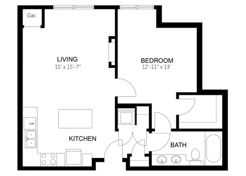 Floor plan for 1 bed, 1 bath, 733 sqft