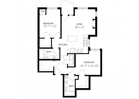 Floor plan for 2 beds, 2 baths, 1119 sqft