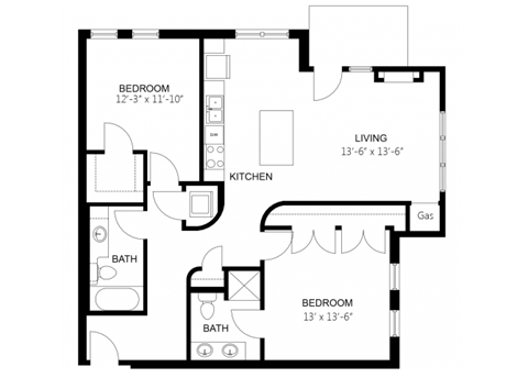 Floor plan for 2 beds, 2 baths, 1087 sqft