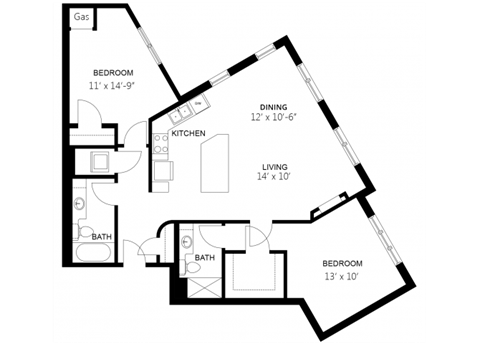 Floor plan for 2 beds, 2 baths, 1129 sqft