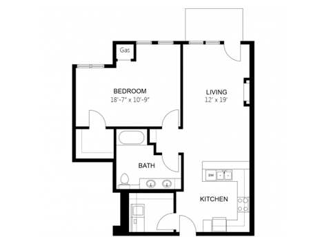 Floor plan for 1 bed, 1 bath, 860 sqft