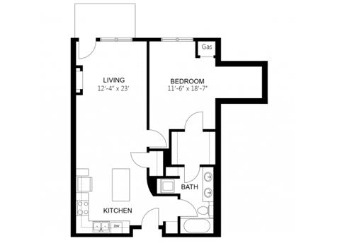 Floor plan for 1 bed, 1 bath, 822 sqft