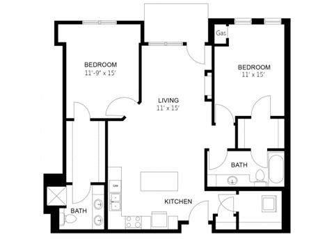 Floor plan for 2 beds, 2 baths, 1135 sqft