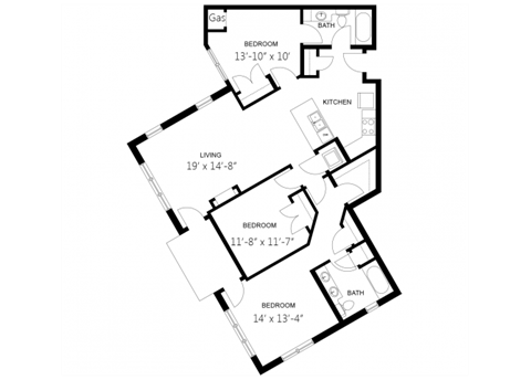 Floor plan for 3 beds, 2 baths, 1332 sqft
