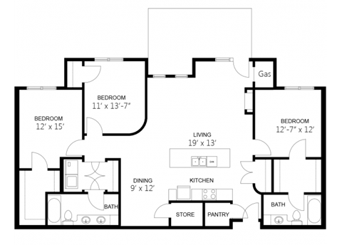 Floor plan for 3 beds, 2 baths, 1503 sqft