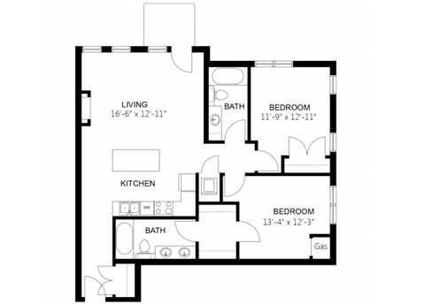 Floor plan for 2 beds, 2 baths, 1046 sqft