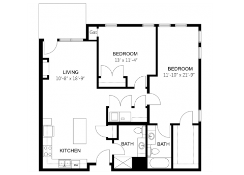 Floor plan for 2 beds, 2 baths, 1146 sqft