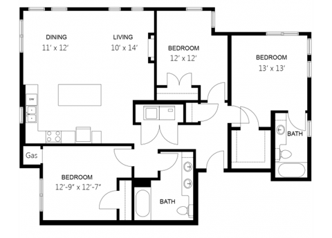 Floor plan for 3 beds, 2 baths, 1432 sqft