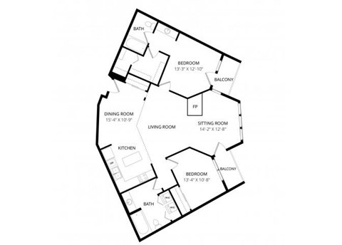 Floor plan for 2 beds, 2 baths, 1346 sqft