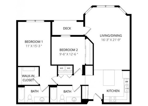 Floor plan for 2 beds, 2 baths, 1154 sqft