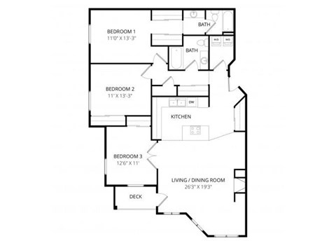Floor plan for 3 beds, 2 baths, 1488 sqft