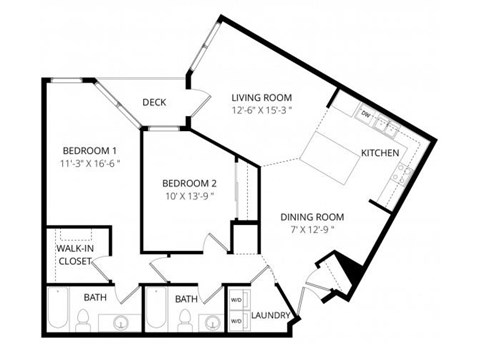 Floor plan for 2 beds, 2 baths, 1289 sqft