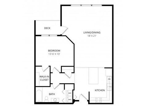 Floor plan for 1 bed, 1 bath, 870 sqft