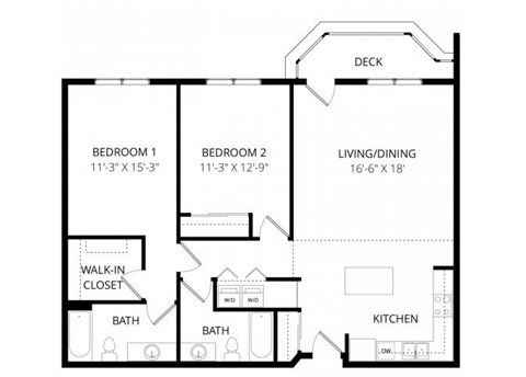 Floor plan for 2 beds, 2 baths, 1159 sqft
