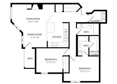 Floor plan for 2 beds, 2 baths, 1215 sqft