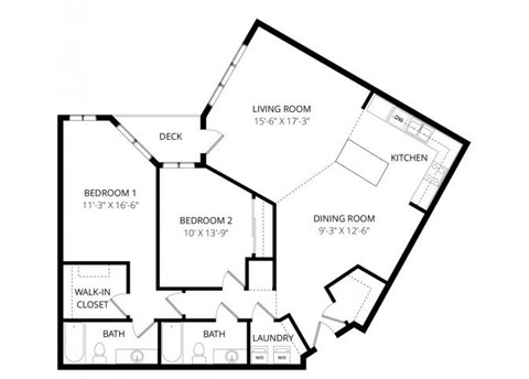 Floor plan for 2 beds, 2 baths, 1289 sqft