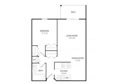 Floor plan for 1 bed, 1 bath, 752 sqft