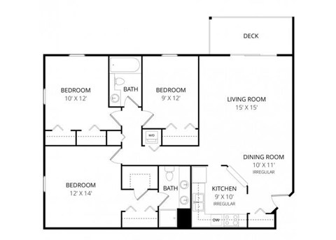 Floor plan for 3 beds, 2 baths, 1231 sqft