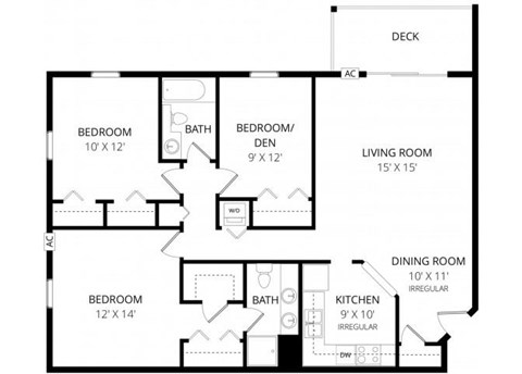 Floor plan for 3 beds, 2 baths, 1231 sqft