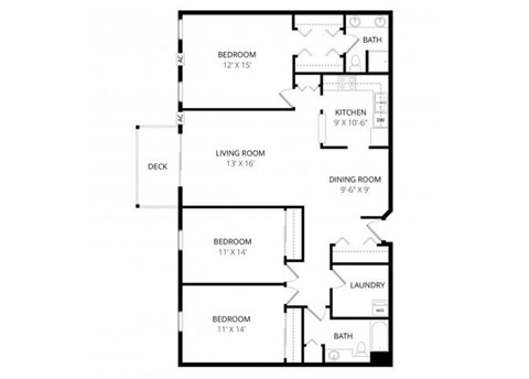 Floor plan for 3 beds, 2 baths, 1540 sqft