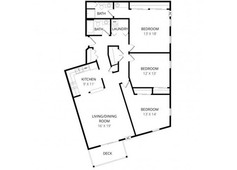 Floor plan for 3 beds, 2 baths, 1595 sqft