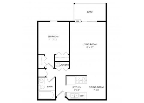 Floor plan for 1 bed, 1 bath, 752 sqft