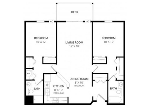 Floor plan for 2 beds, 2 baths, 1003 sqft