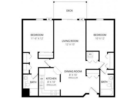 Floor plan for 2 beds, 2 baths, 1045 sqft