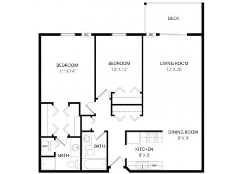 Floor plan for 2 beds, 2 baths, 1003 sqft