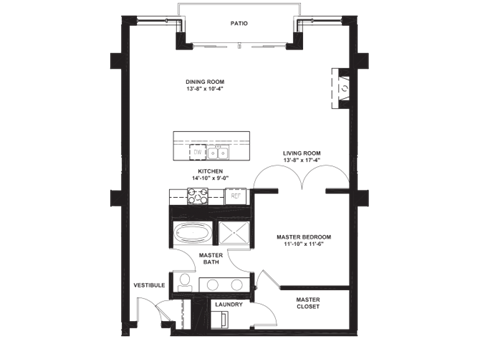 Floor plan for 1 bed, 1 bath, 973 sqft