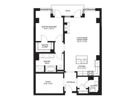 Floor plan for 1 bed, 1 bath, 1055 sqft