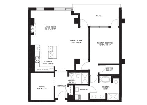 Floor plan for 1 bed, 2 baths, 1543 sqft