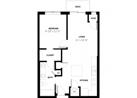 Floor plan for 1 bed, 1 bath, 698 sqft