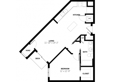 Floor plan for 1 bed, 1 bath, 732 sqft