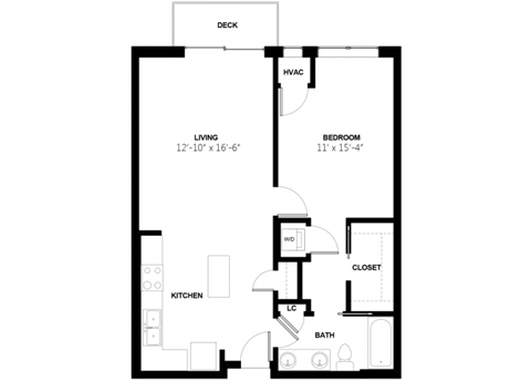 Floor plan for 1 bed, 1 bath, 793 sqft