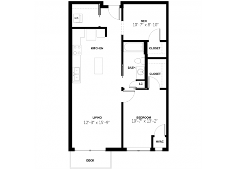 Floor plan for 1 bed, 1 bath, 895 sqft