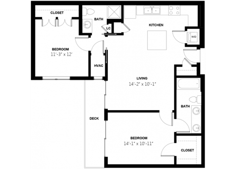Floor plan for 2 beds, 2 baths, 971 sqft