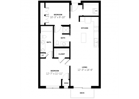 Floor plan for 2 beds, 2 baths, 983 sqft