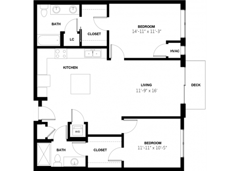 Floor plan for 2 beds, 2 baths, 1121 sqft