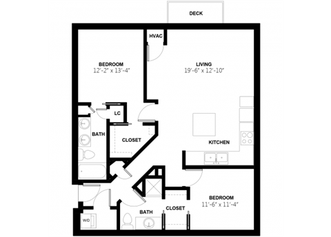 Floor plan for 2 beds, 2 baths, 1278 sqft