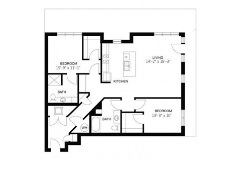 Floor plan for 2 beds, 2 baths, 1155 sqft