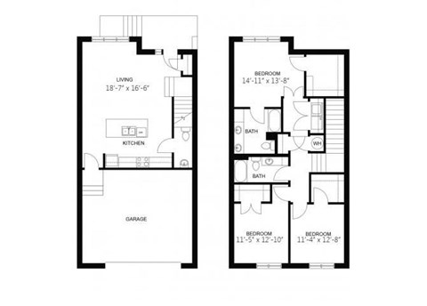 Floor plan for 3 beds, 2.5 baths, 1598 sqft