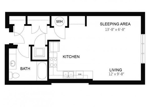 Floor plan for studio, 1 bath, 583 sqft