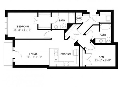 Floor plan for 1 bed, 2 baths, 1039 sqft