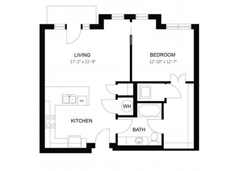 Floor plan for 1 bed, 1 bath, 756 sqft